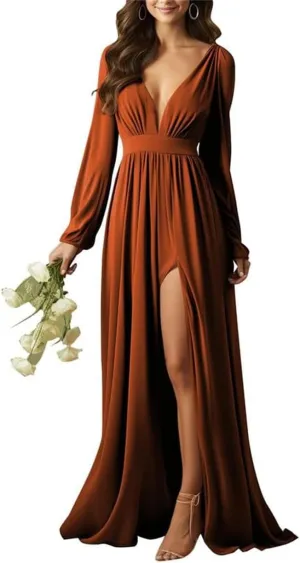 YRGERATON Long Sleeve Wedding Bridesmaid Dresses V-Neck Pleated Chiffon Formal Evening Prom Gown with Slit J84