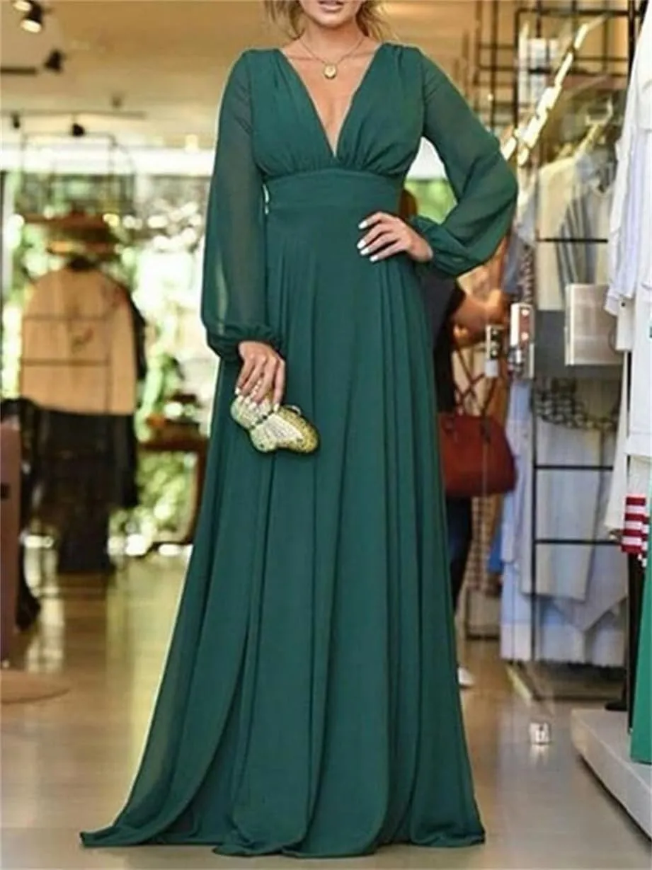 YRGERATON Long Sleeve Wedding Bridesmaid Dresses V-Neck Pleated Chiffon Formal Evening Prom Gown with Slit J84
