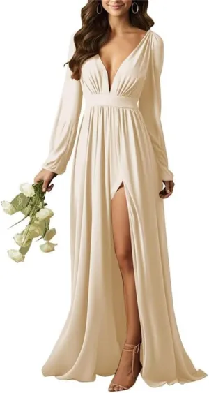 YRGERATON Long Sleeve Wedding Bridesmaid Dresses V-Neck Pleated Chiffon Formal Evening Prom Gown with Slit J84