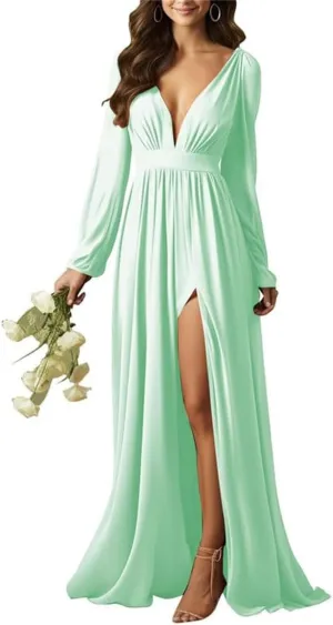 YRGERATON Long Sleeve Wedding Bridesmaid Dresses V-Neck Pleated Chiffon Formal Evening Prom Gown with Slit J84