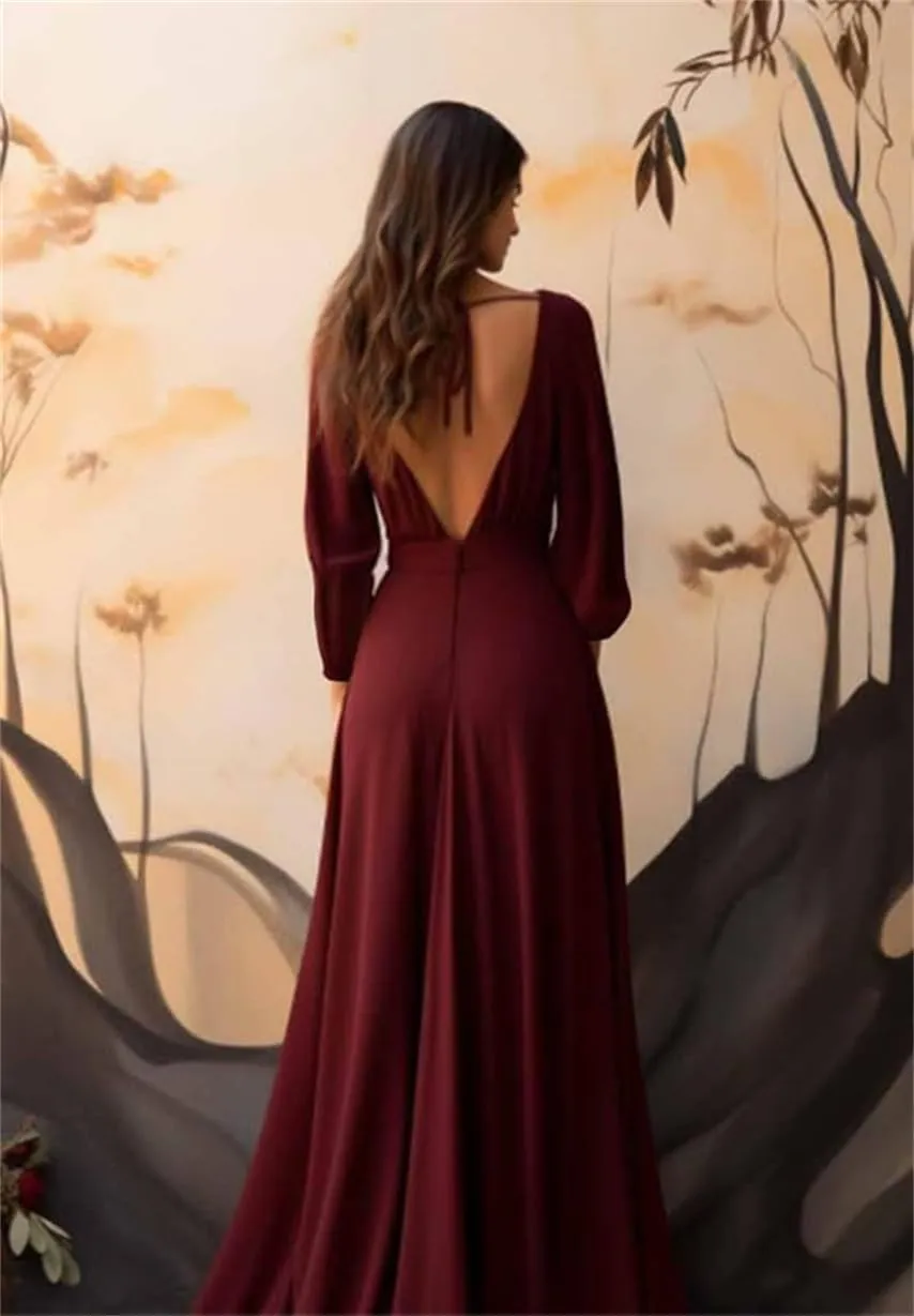 YRGERATON Long Sleeve Wedding Bridesmaid Dresses V-Neck Pleated Chiffon Formal Evening Prom Gown with Slit J84