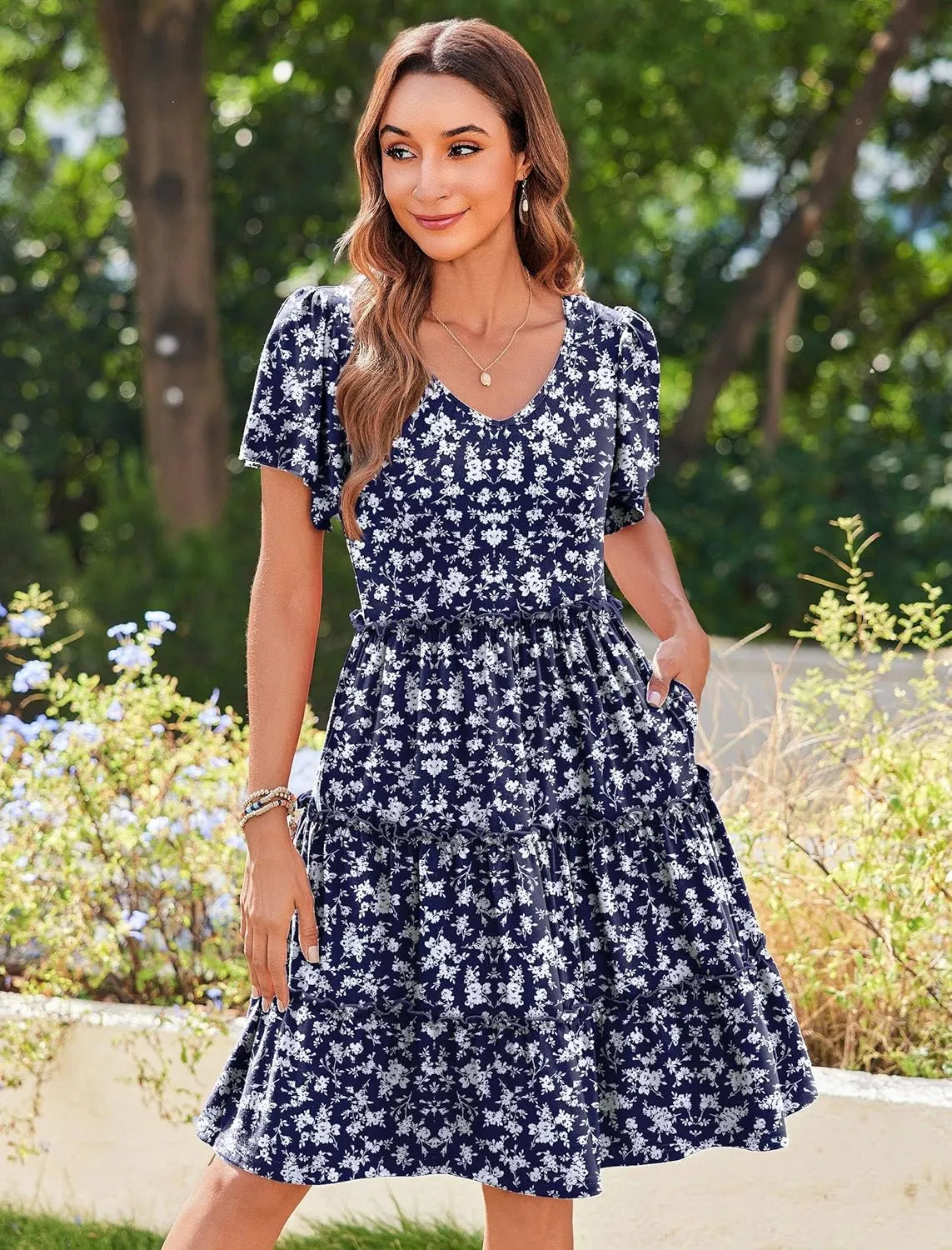 Zeagoo Summer Tiered Mini Dress with Pockets Ruffle Sleeve V-Neck Casual Dress A Line Boho Flowy Sundress 2025 Vacation