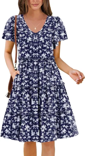 Zeagoo Summer Tiered Mini Dress with Pockets Ruffle Sleeve V-Neck Casual Dress A Line Boho Flowy Sundress 2025 Vacation