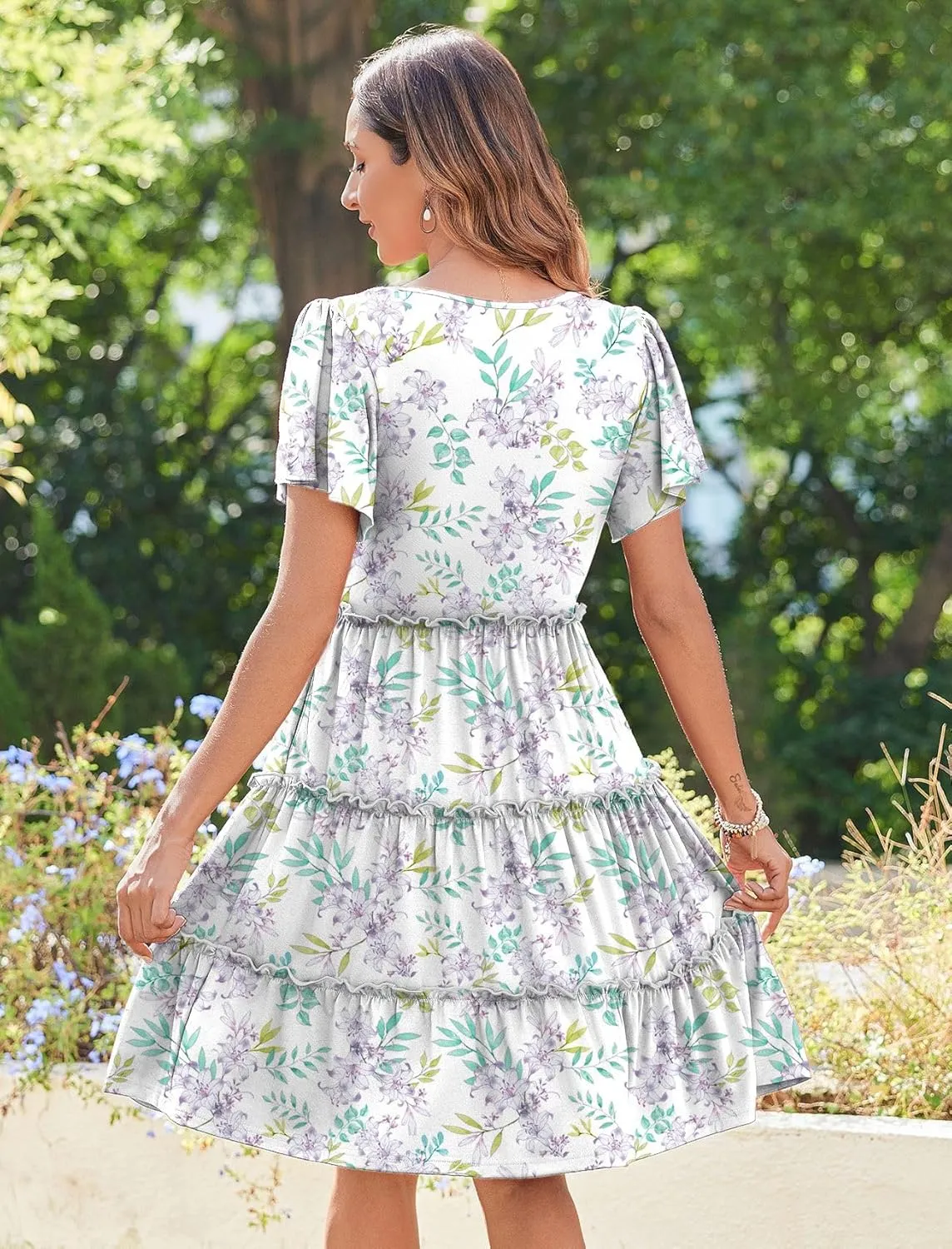 Zeagoo Summer Tiered Mini Dress with Pockets Ruffle Sleeve V-Neck Casual Dress A Line Boho Flowy Sundress 2025 Vacation