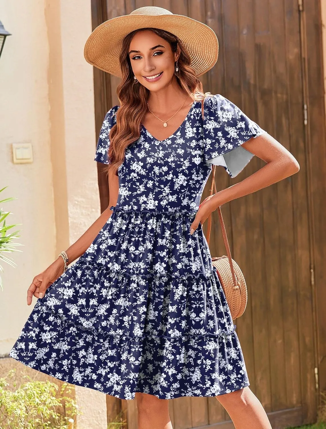 Zeagoo Summer Tiered Mini Dress with Pockets Ruffle Sleeve V-Neck Casual Dress A Line Boho Flowy Sundress 2025 Vacation