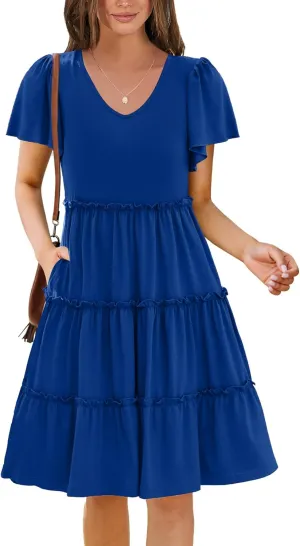 Zeagoo Summer Tiered Mini Dress with Pockets Ruffle Sleeve V-Neck Casual Dress A Line Boho Flowy Sundress 2025 Vacation