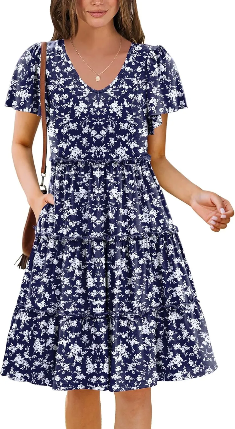 Zeagoo Summer Tiered Mini Dress with Pockets Ruffle Sleeve V-Neck Casual Dress A Line Boho Flowy Sundress 2025 Vacation