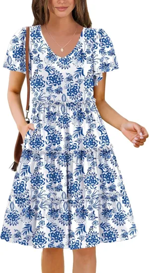 Zeagoo Summer Tiered Mini Dress with Pockets Ruffle Sleeve V-Neck Casual Dress A Line Boho Flowy Sundress 2025 Vacation