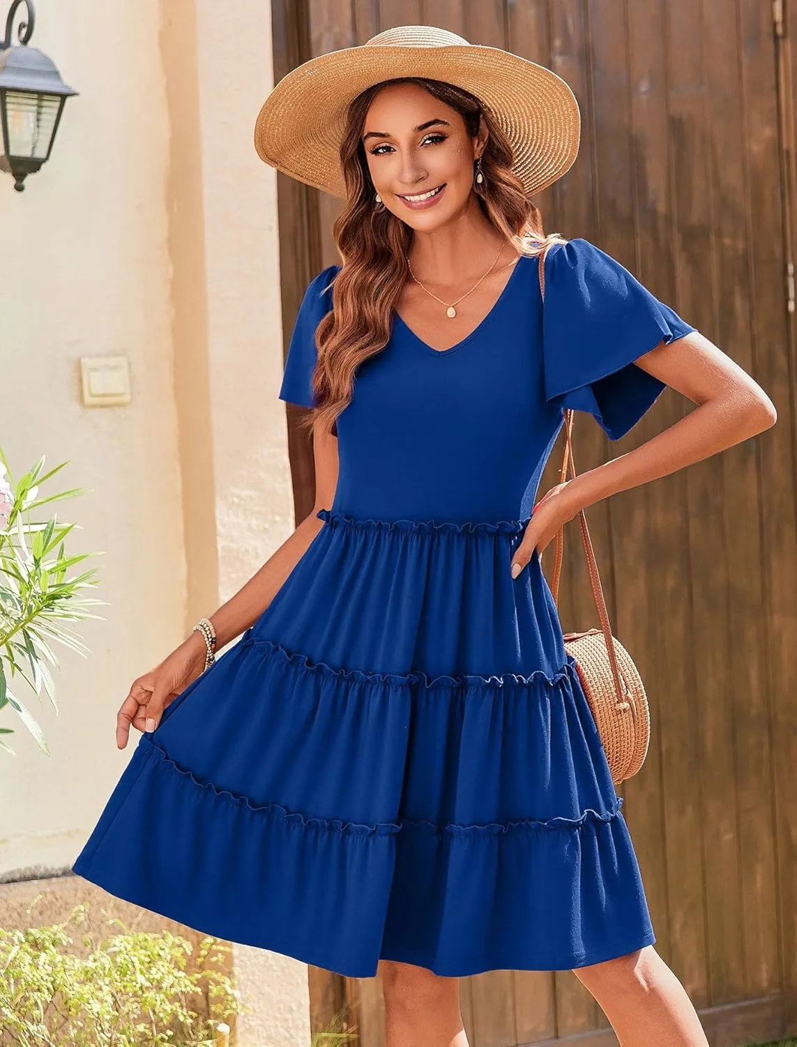 Zeagoo Summer Tiered Mini Dress with Pockets Ruffle Sleeve V-Neck Casual Dress A Line Boho Flowy Sundress 2025 Vacation
