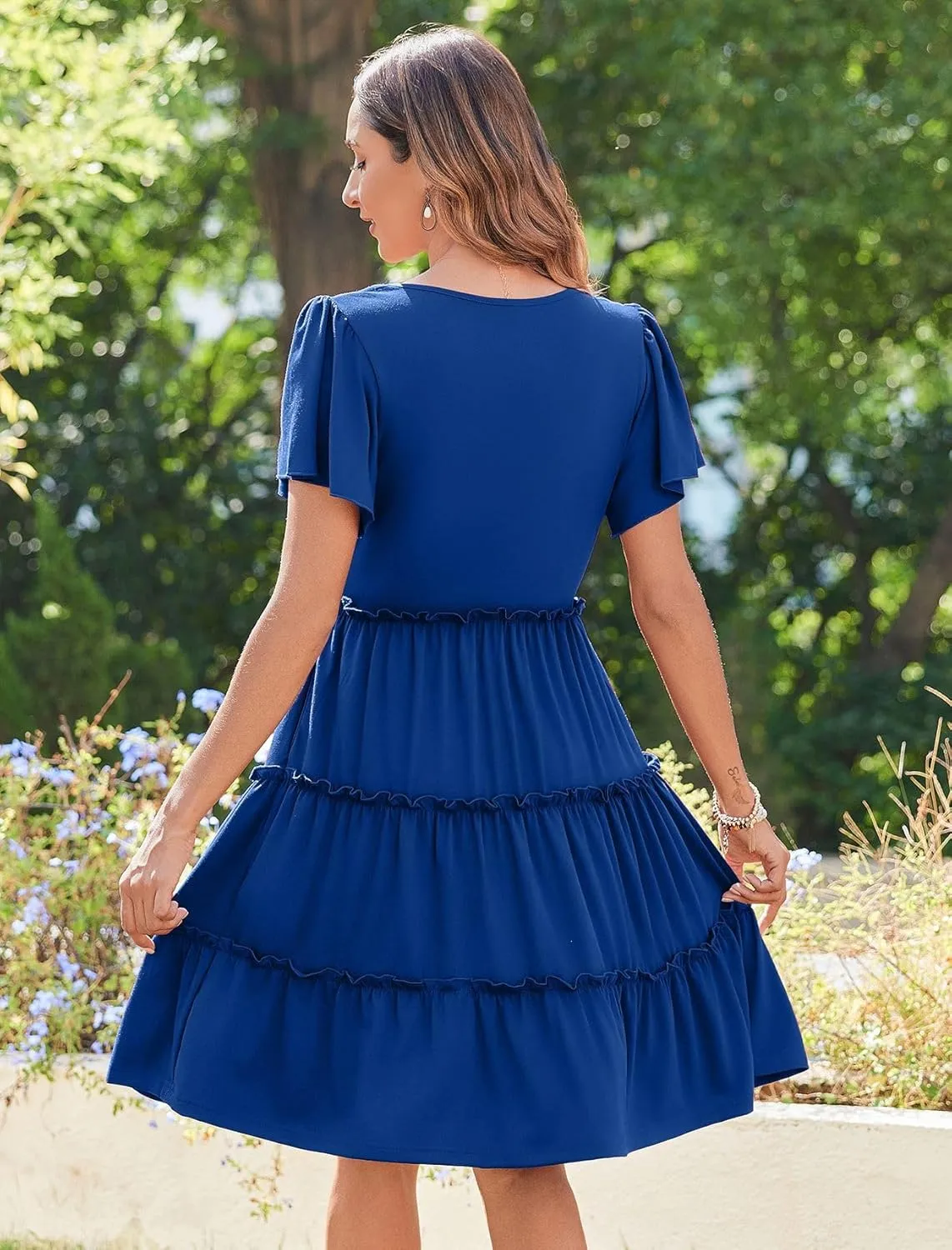 Zeagoo Summer Tiered Mini Dress with Pockets Ruffle Sleeve V-Neck Casual Dress A Line Boho Flowy Sundress 2025 Vacation