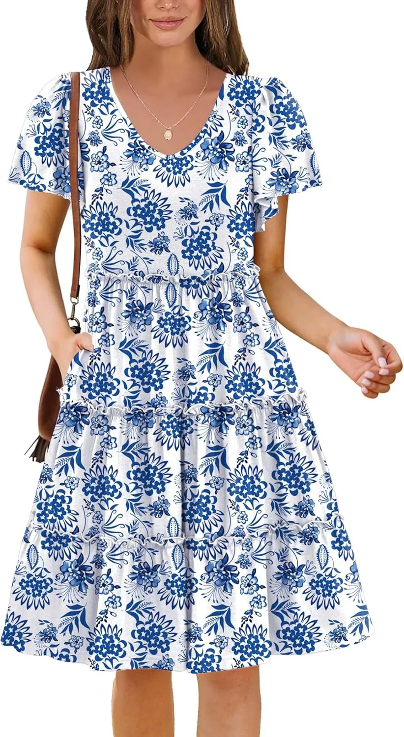 Zeagoo Summer Tiered Mini Dress with Pockets Ruffle Sleeve V-Neck Casual Dress A Line Boho Flowy Sundress 2025 Vacation