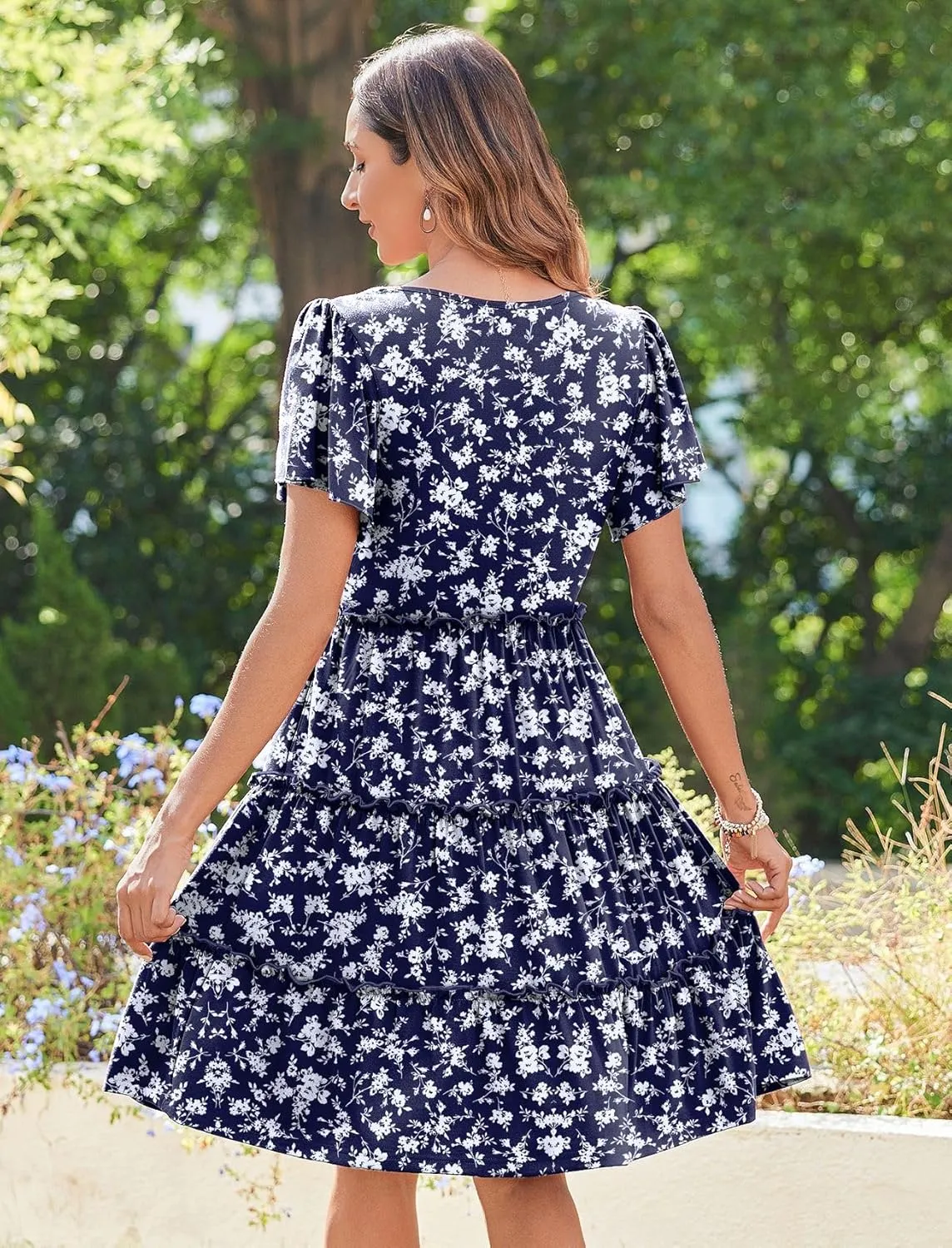 Zeagoo Summer Tiered Mini Dress with Pockets Ruffle Sleeve V-Neck Casual Dress A Line Boho Flowy Sundress 2025 Vacation
