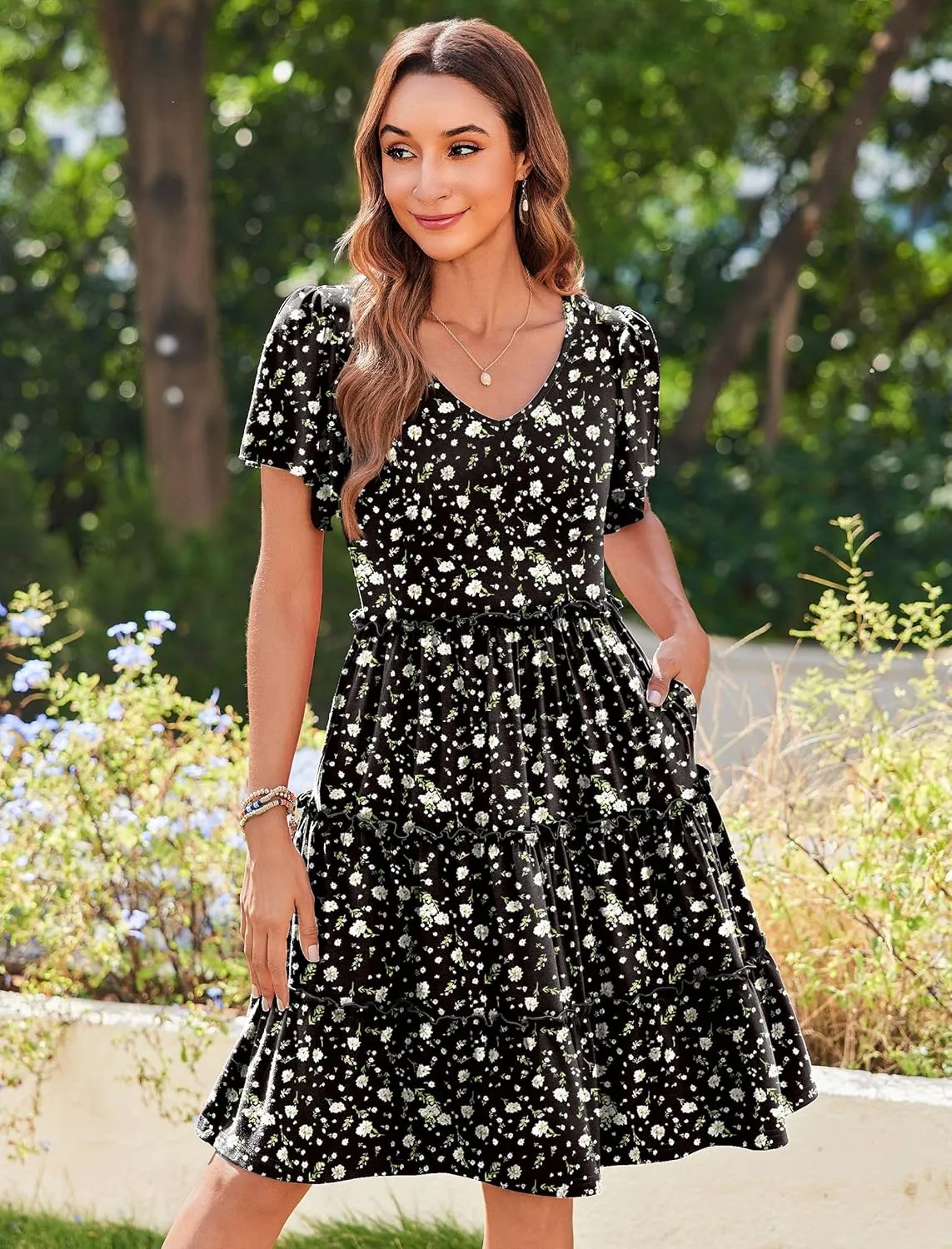 Zeagoo Summer Tiered Mini Dress with Pockets Ruffle Sleeve V-Neck Casual Dress A Line Boho Flowy Sundress 2025 Vacation