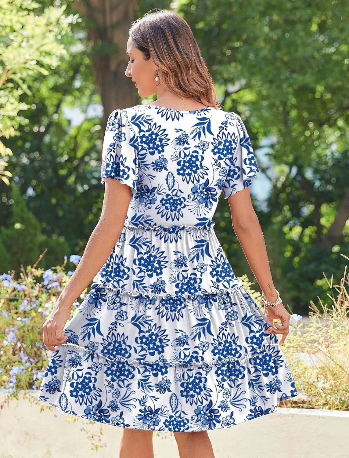 Zeagoo Summer Tiered Mini Dress with Pockets Ruffle Sleeve V-Neck Casual Dress A Line Boho Flowy Sundress 2025 Vacation