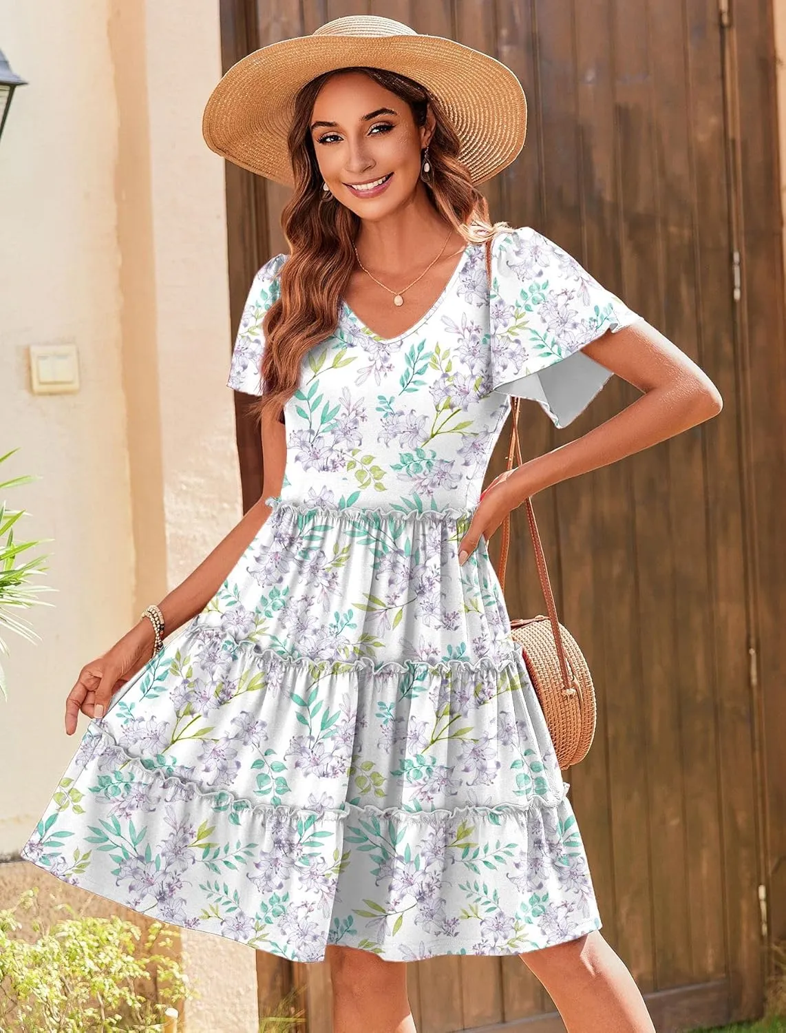 Zeagoo Summer Tiered Mini Dress with Pockets Ruffle Sleeve V-Neck Casual Dress A Line Boho Flowy Sundress 2025 Vacation
