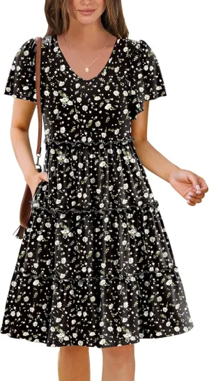 Zeagoo Summer Tiered Mini Dress with Pockets Ruffle Sleeve V-Neck Casual Dress A Line Boho Flowy Sundress 2025 Vacation