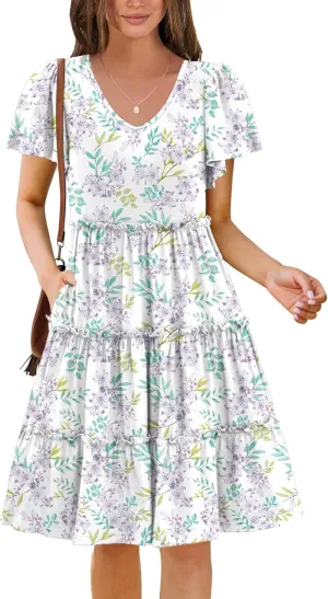 Zeagoo Summer Tiered Mini Dress with Pockets Ruffle Sleeve V-Neck Casual Dress A Line Boho Flowy Sundress 2025 Vacation