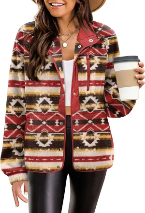 Zeagoo Women's Cozy Fleece Jacket Western Aztec Print Button Down Coat with Pockets Casual Warm Outwear 2024