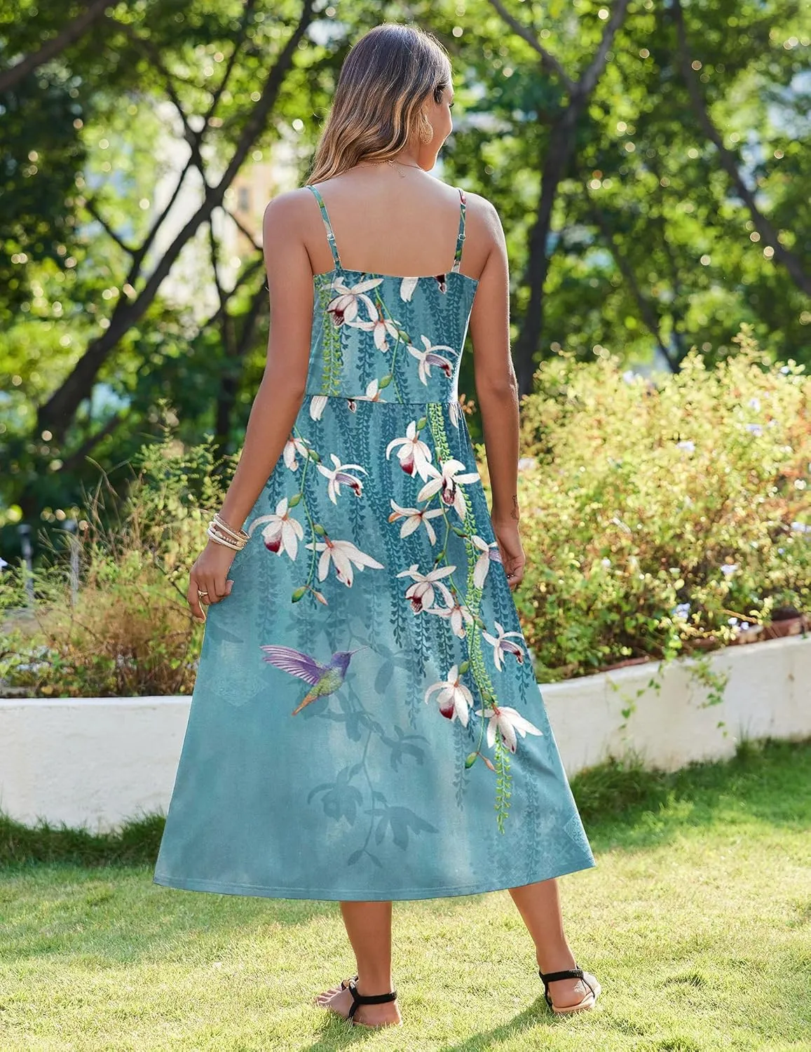 Zeagoo Women's Summer Casual Boho Sundress Spaghetti Strap Square Neck Flowy Midi Dresses A Line Beach Dress with Pockets
