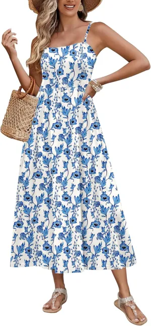 Zeagoo Women's Summer Casual Boho Sundress Spaghetti Strap Square Neck Flowy Midi Dresses A Line Beach Dress with Pockets