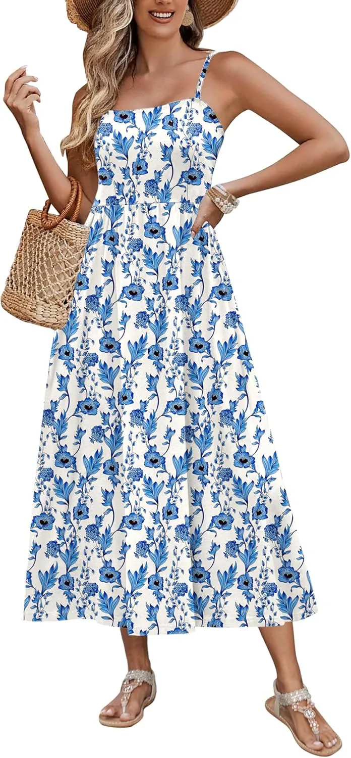 Zeagoo Women's Summer Casual Boho Sundress Spaghetti Strap Square Neck Flowy Midi Dresses A Line Beach Dress with Pockets