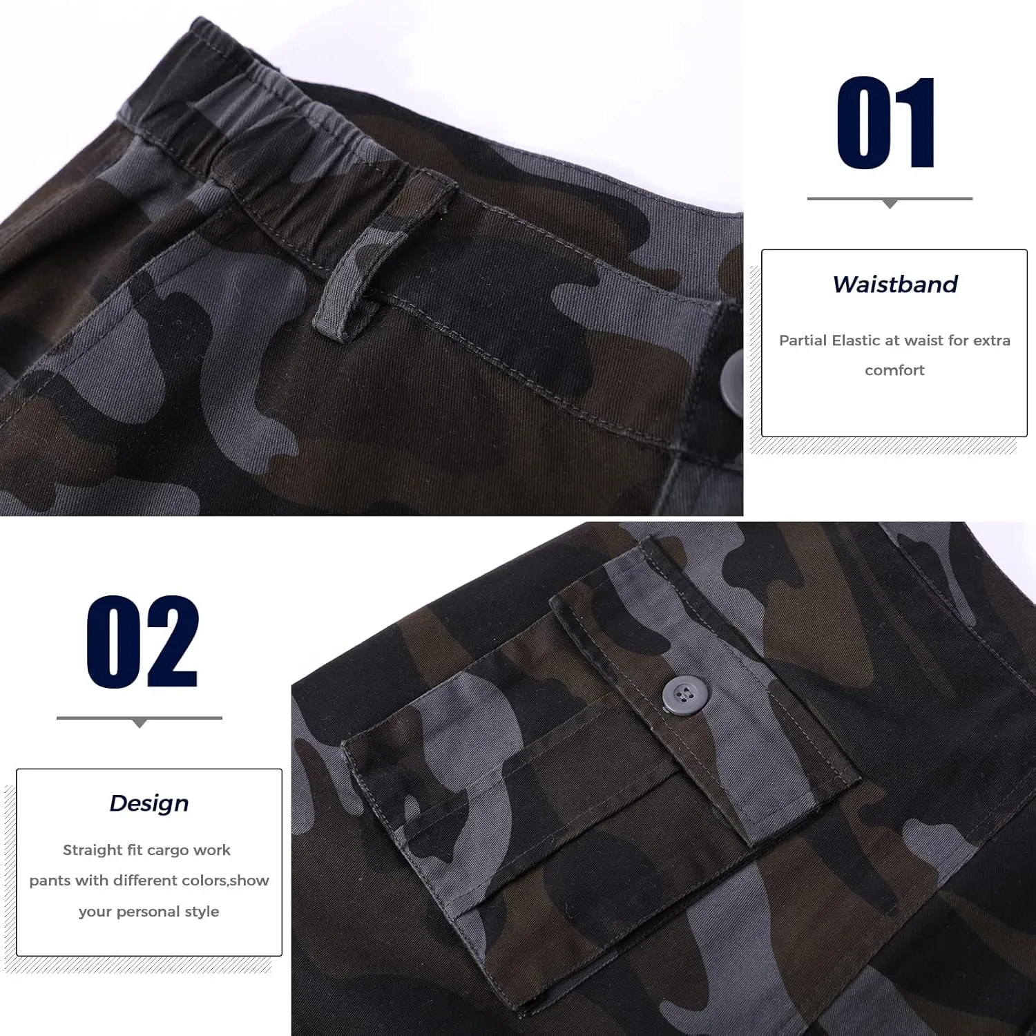 zeetoo Mens Relaxed-Fit Cargo Pants Multi Pocket Military Camo Combat Work Pants
