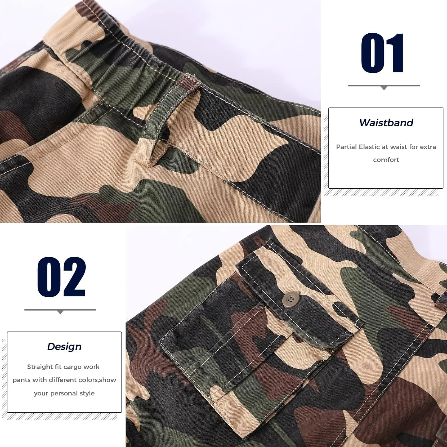 zeetoo Mens Relaxed-Fit Cargo Pants Multi Pocket Military Camo Combat Work Pants