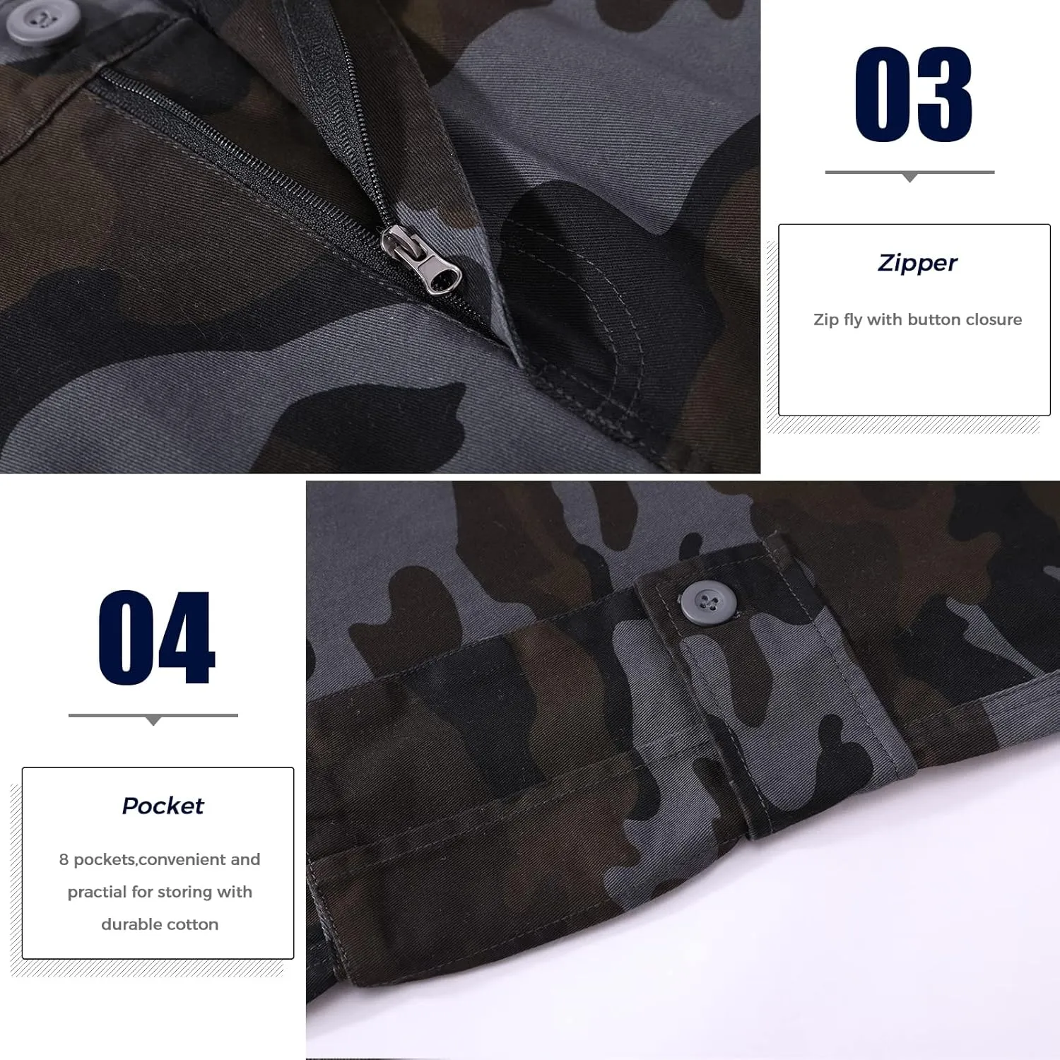zeetoo Mens Relaxed-Fit Cargo Pants Multi Pocket Military Camo Combat Work Pants