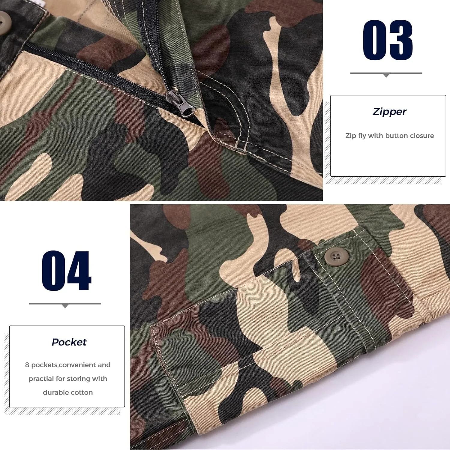 zeetoo Mens Relaxed-Fit Cargo Pants Multi Pocket Military Camo Combat Work Pants