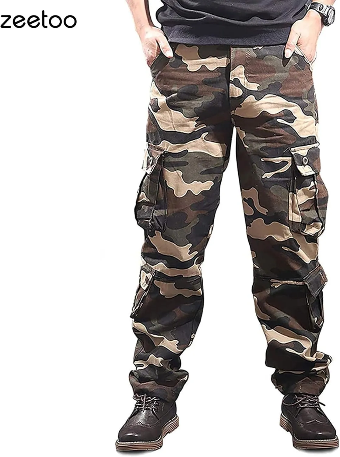 zeetoo Mens Relaxed-Fit Cargo Pants Multi Pocket Military Camo Combat Work Pants