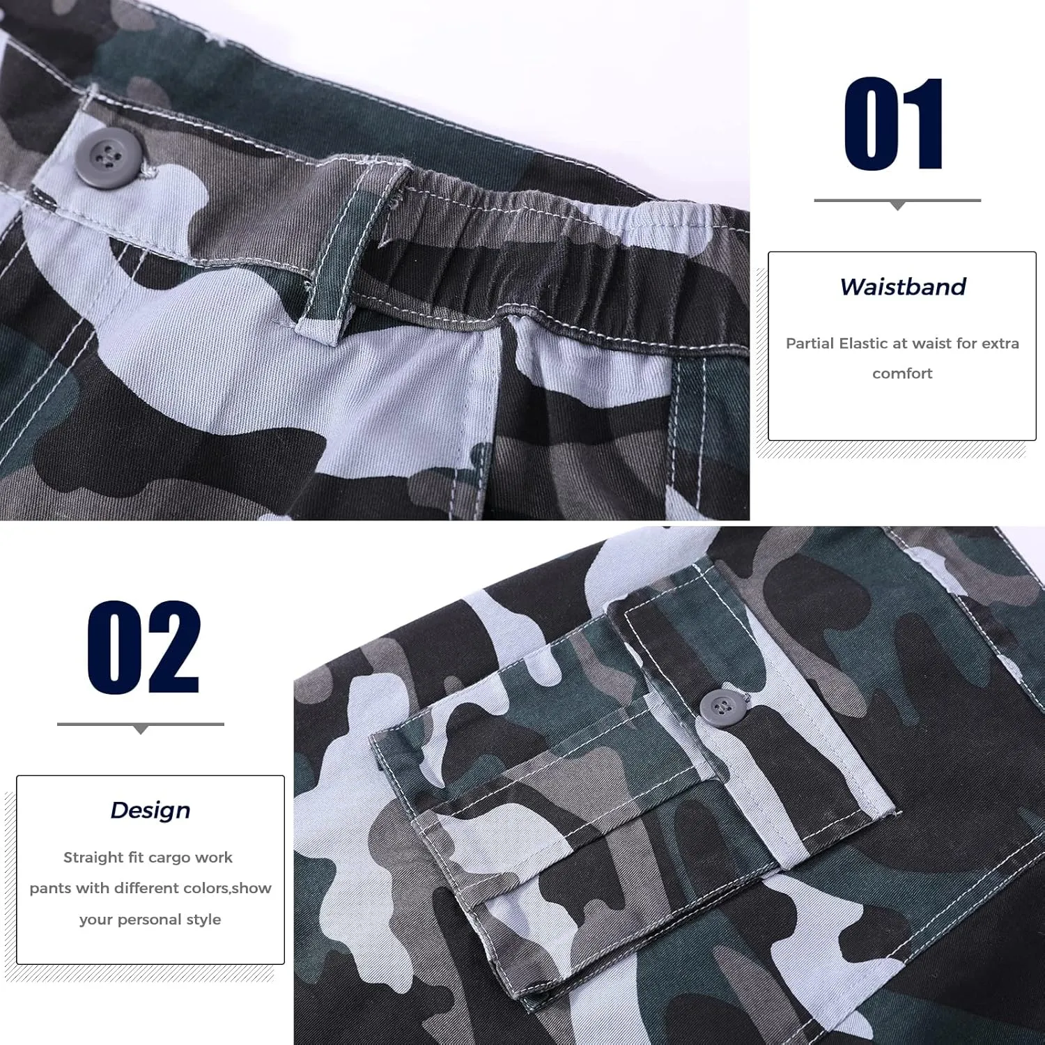 zeetoo Mens Relaxed-Fit Cargo Pants Multi Pocket Military Camo Combat Work Pants