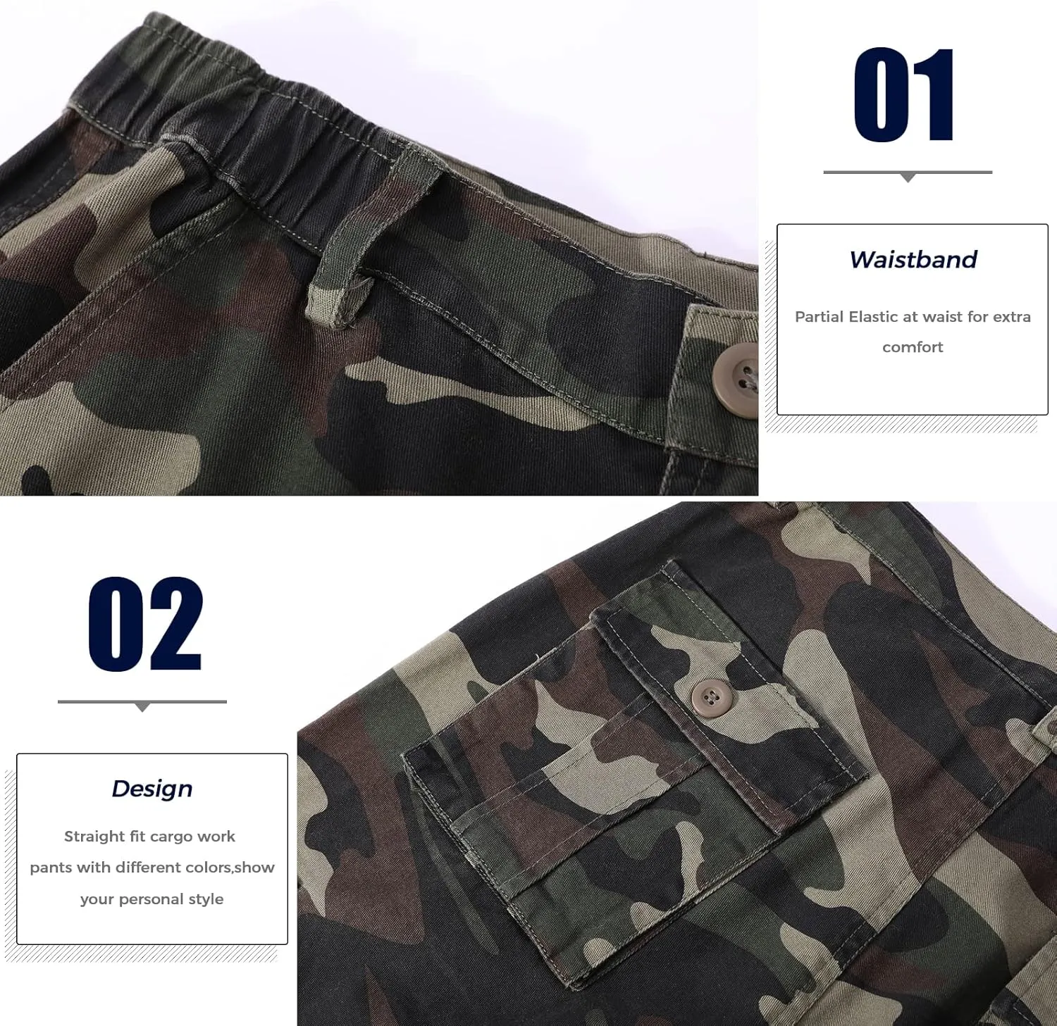 zeetoo Mens Relaxed-Fit Cargo Pants Multi Pocket Military Camo Combat Work Pants