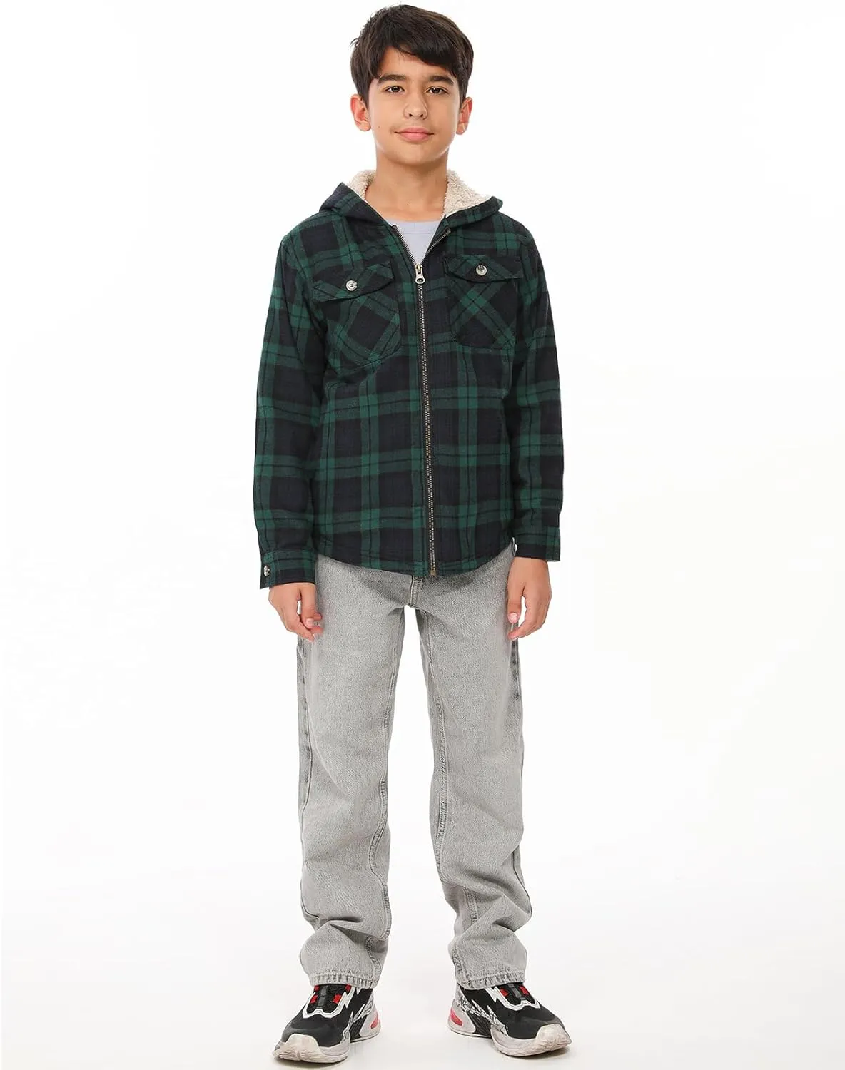 ZENTHACE Boys Sherpa Lined Full Zip Flannel Plaid Shirt Jacket,Cozy Hooded Flannel Shirt with Hand Pockets