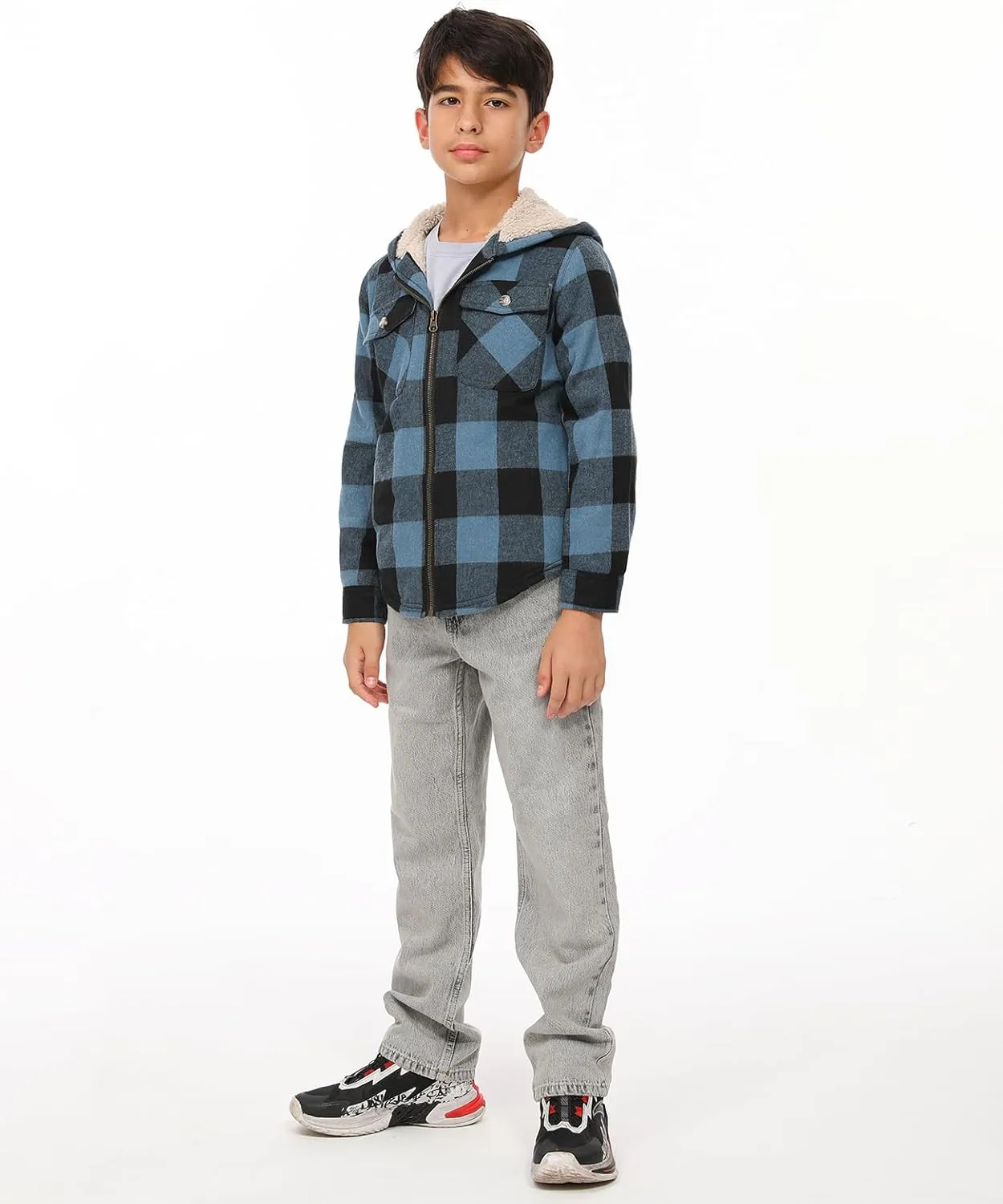 ZENTHACE Boys Sherpa Lined Full Zip Flannel Plaid Shirt Jacket,Cozy Hooded Flannel Shirt with Hand Pockets