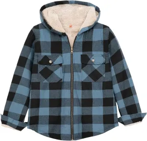 ZENTHACE Boys Sherpa Lined Full Zip Flannel Plaid Shirt Jacket,Cozy Hooded Flannel Shirt with Hand Pockets