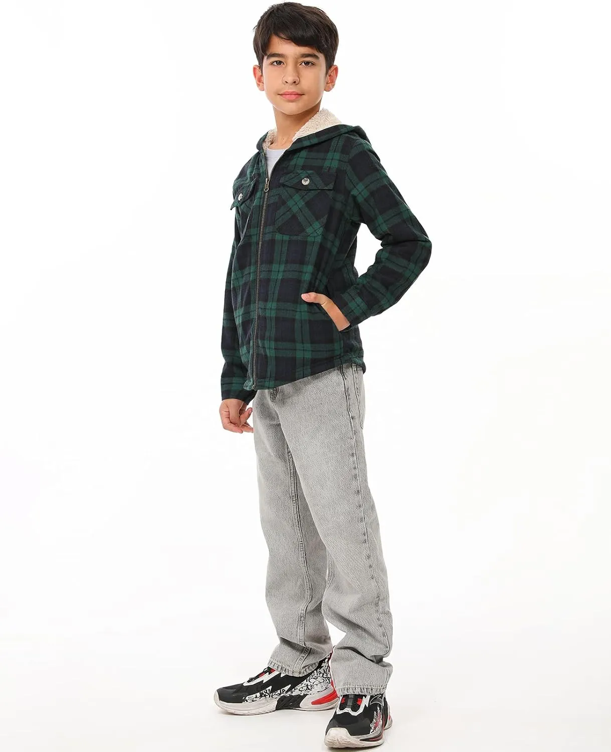 ZENTHACE Boys Sherpa Lined Full Zip Flannel Plaid Shirt Jacket,Cozy Hooded Flannel Shirt with Hand Pockets