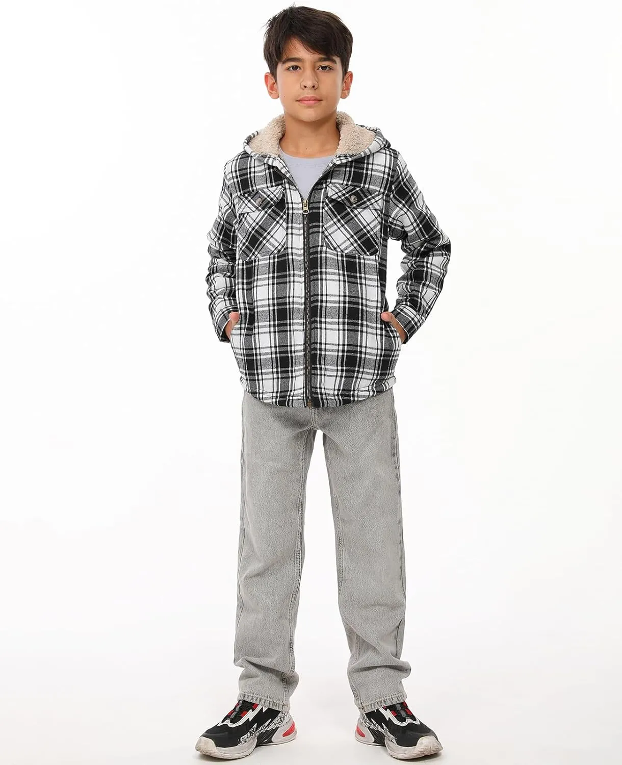 ZENTHACE Boys Sherpa Lined Full Zip Flannel Plaid Shirt Jacket,Cozy Hooded Flannel Shirt with Hand Pockets