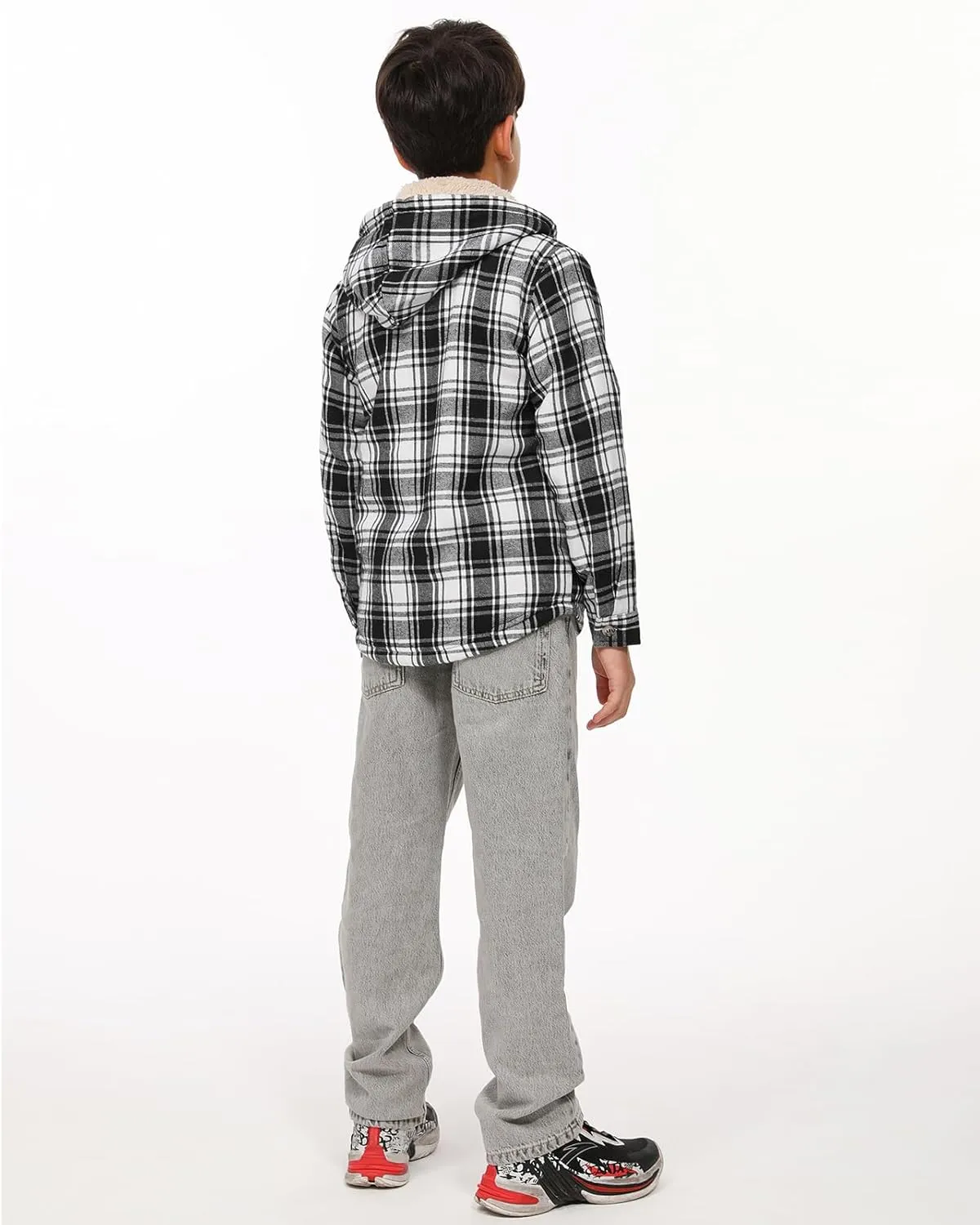 ZENTHACE Boys Sherpa Lined Full Zip Flannel Plaid Shirt Jacket,Cozy Hooded Flannel Shirt with Hand Pockets