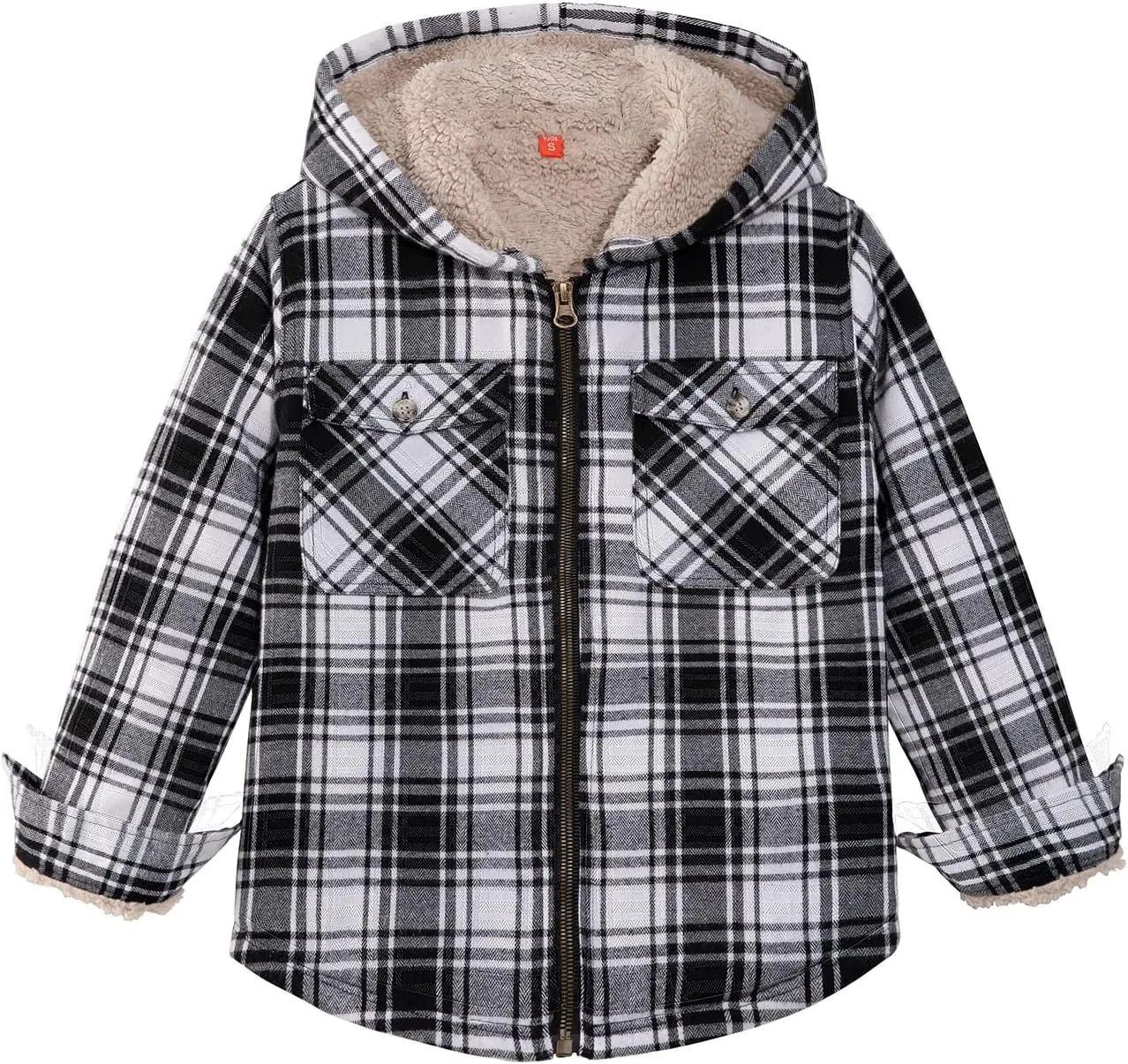 ZENTHACE Boys Sherpa Lined Full Zip Flannel Plaid Shirt Jacket,Cozy Hooded Flannel Shirt with Hand Pockets