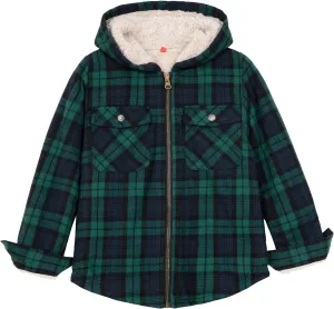 ZENTHACE Boys Sherpa Lined Full Zip Flannel Plaid Shirt Jacket,Cozy Hooded Flannel Shirt with Hand Pockets