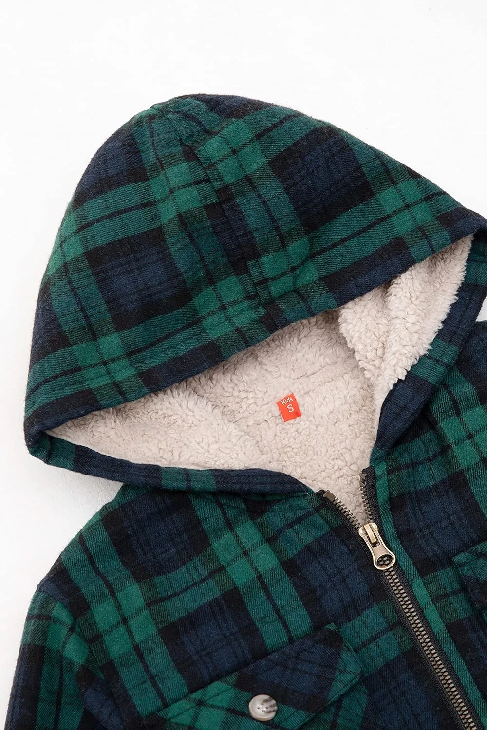 ZENTHACE Boys Sherpa Lined Full Zip Flannel Plaid Shirt Jacket,Cozy Hooded Flannel Shirt with Hand Pockets