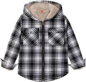 ZENTHACE Boys Sherpa Lined Full Zip Flannel Plaid Shirt Jacket,Cozy Hooded Flannel Shirt with Hand Pockets