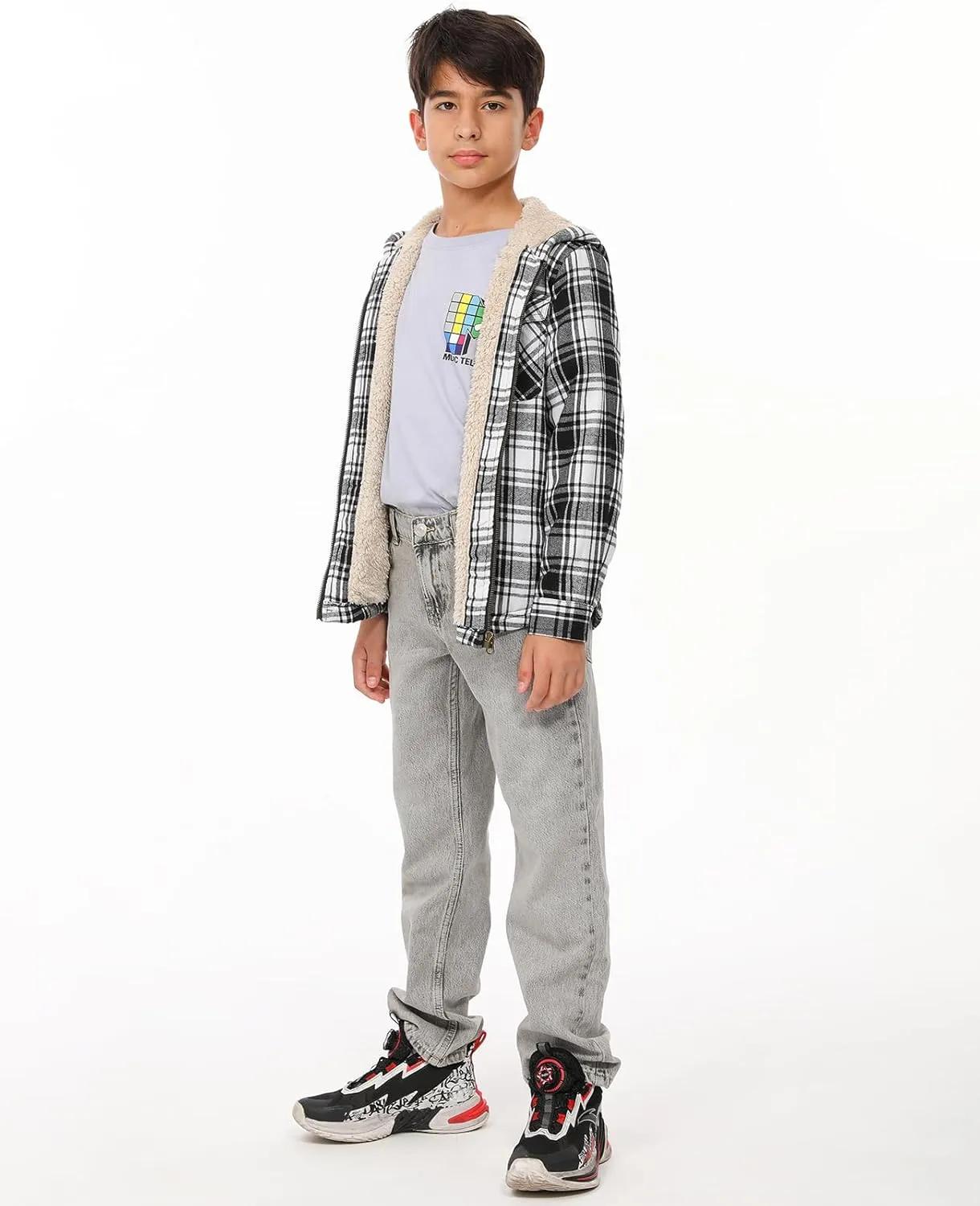 ZENTHACE Boys Sherpa Lined Full Zip Flannel Plaid Shirt Jacket,Cozy Hooded Flannel Shirt with Hand Pockets
