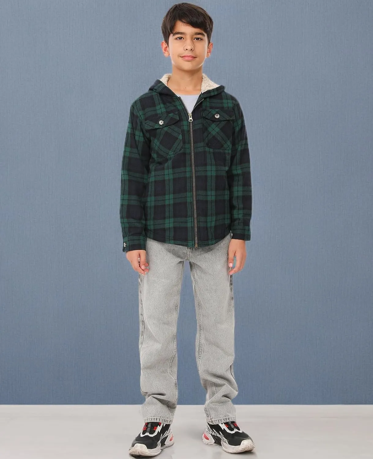 ZENTHACE Boys Sherpa Lined Full Zip Flannel Plaid Shirt Jacket,Cozy Hooded Flannel Shirt with Hand Pockets