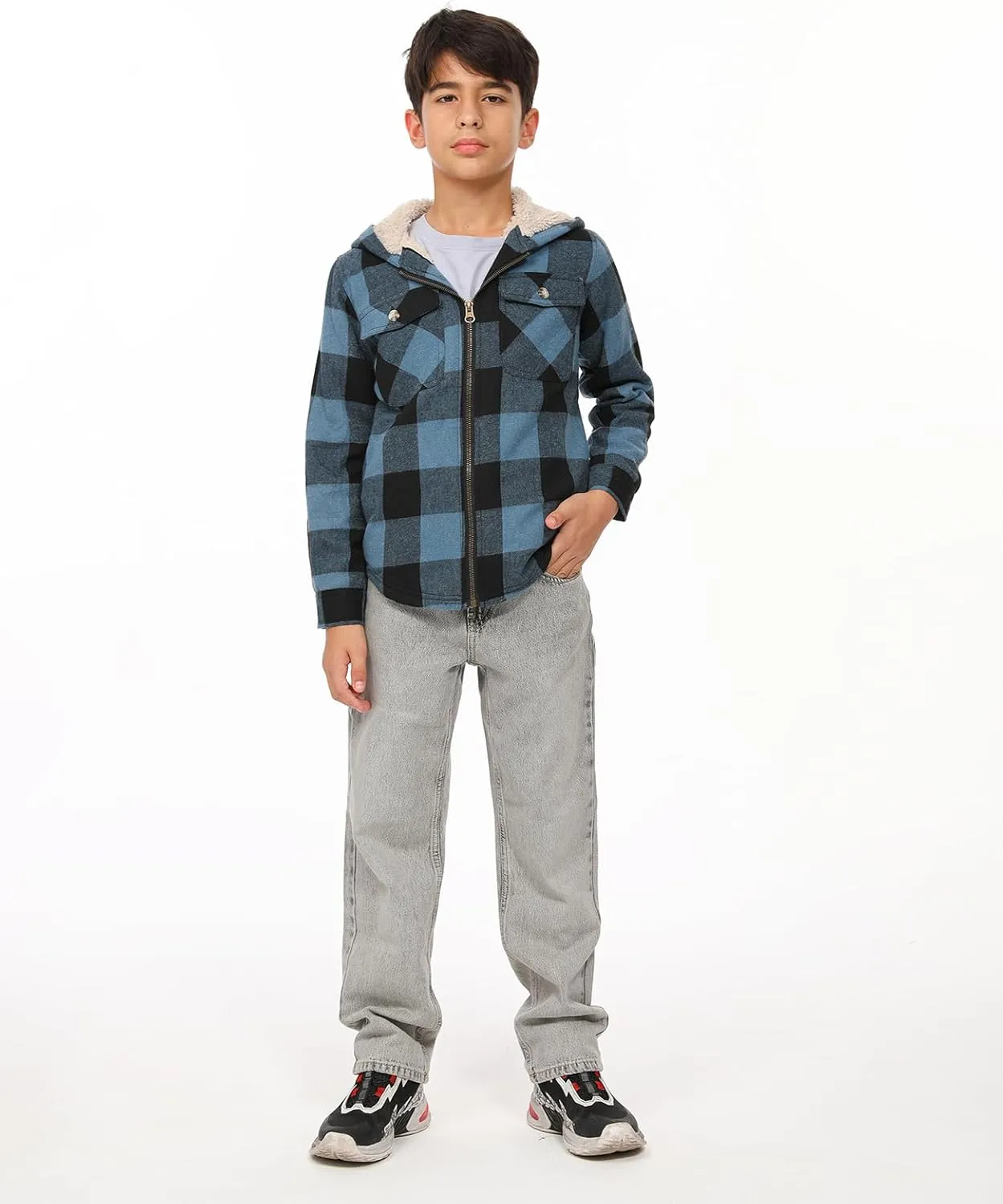 ZENTHACE Boys Sherpa Lined Full Zip Flannel Plaid Shirt Jacket,Cozy Hooded Flannel Shirt with Hand Pockets