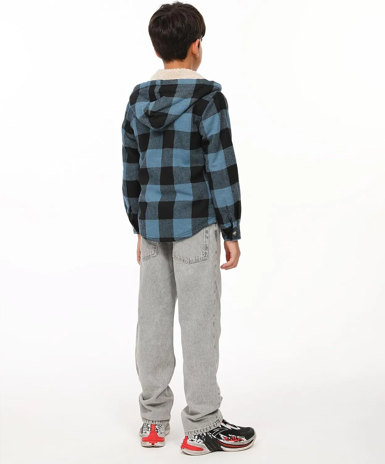 ZENTHACE Boys Sherpa Lined Full Zip Flannel Plaid Shirt Jacket,Cozy Hooded Flannel Shirt with Hand Pockets