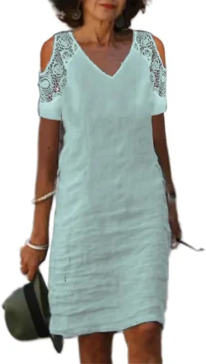 ZOCAVIA Womens Cotton Linen Dress Lace V Neck Summer Beach Vacation Knee Length Tshirt Shift Dresses Short Sleeve Plus Size