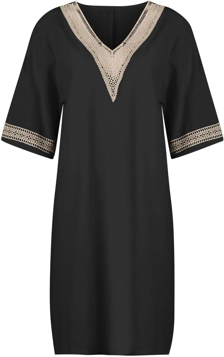 ZOCAVIA Womens Cotton Linen Dress Lace V Neck Summer Beach Vacation Knee Length Tshirt Shift Dresses Short Sleeve Plus Size