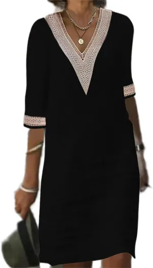 ZOCAVIA Womens Cotton Linen Dress Lace V Neck Summer Beach Vacation Knee Length Tshirt Shift Dresses Short Sleeve Plus Size