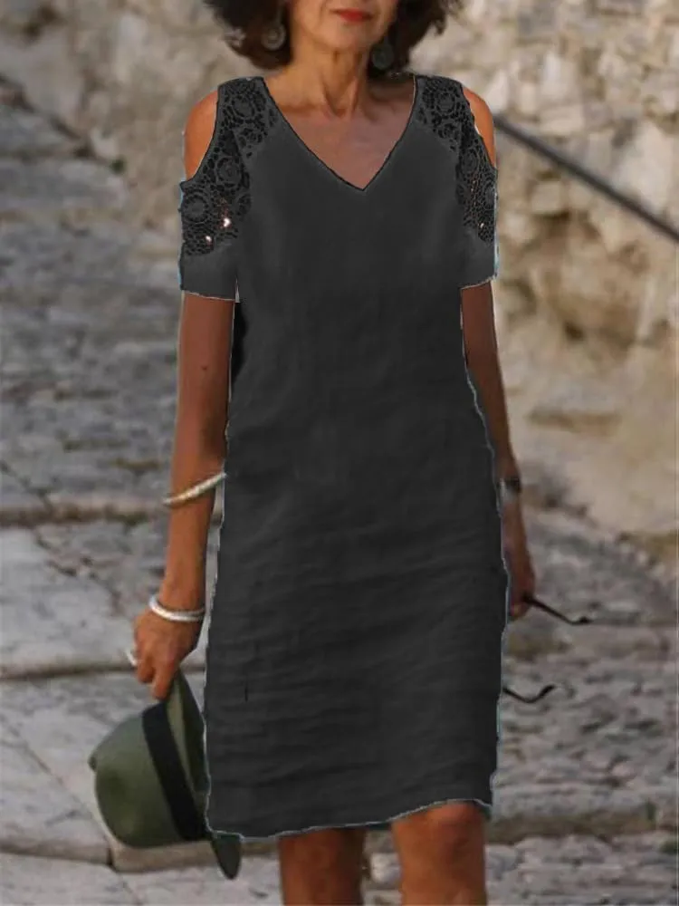 ZOCAVIA Womens Cotton Linen Dress Lace V Neck Summer Beach Vacation Knee Length Tshirt Shift Dresses Short Sleeve Plus Size